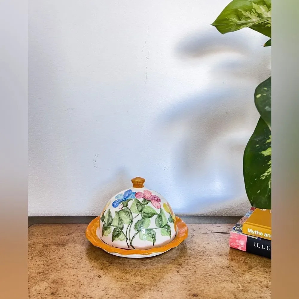 Hand painted Portuguese Pottery Clay Terracota Dish with Lid‎ Floral Design